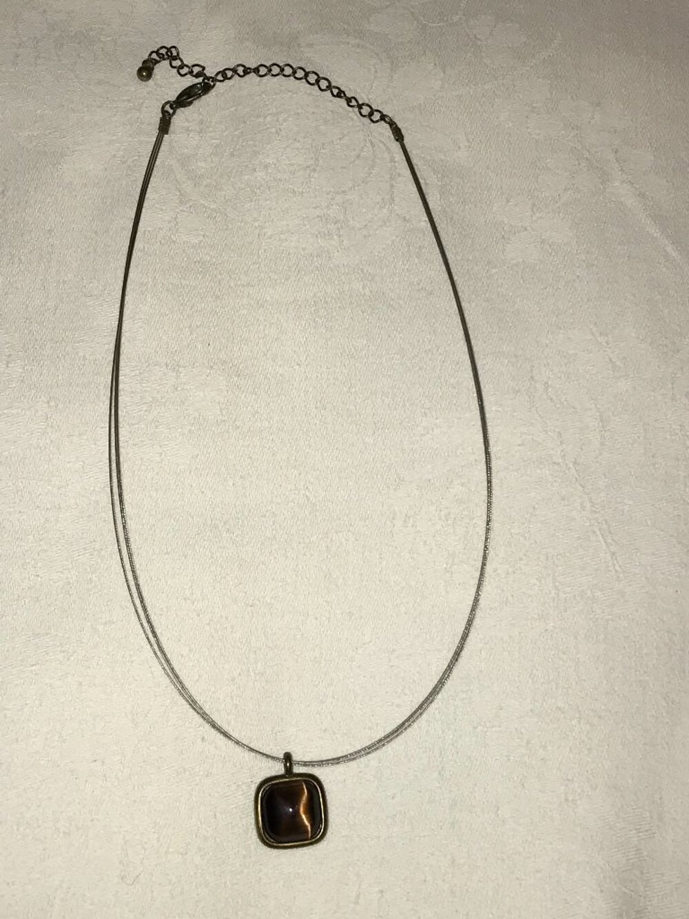 Vintage Triple Wire Square Bronze Metal Tiger's Eye Pendant Necklace